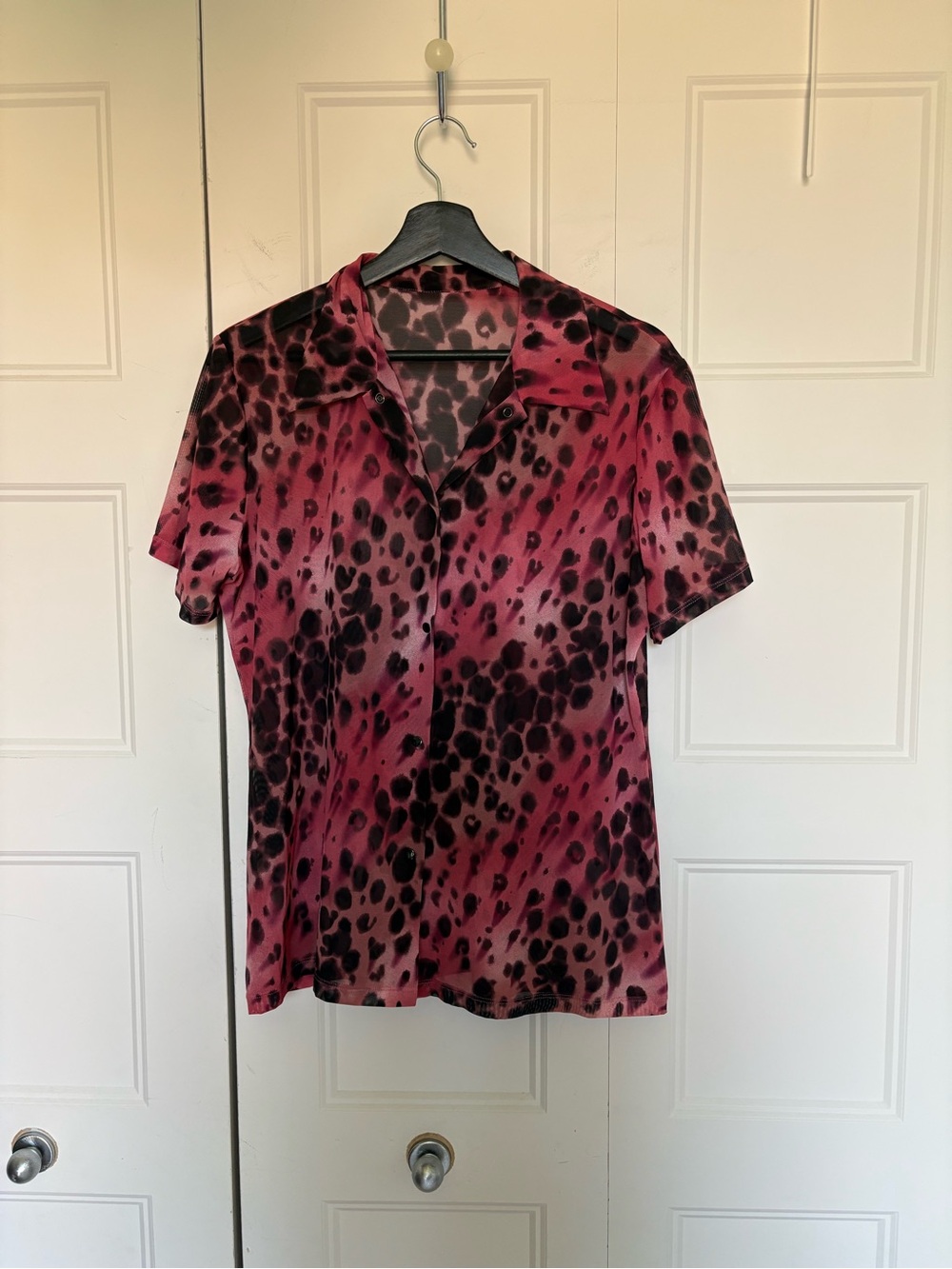 SHAN Sheer Mesh Resort Top Pink Black Blurred Leopard Snap Front